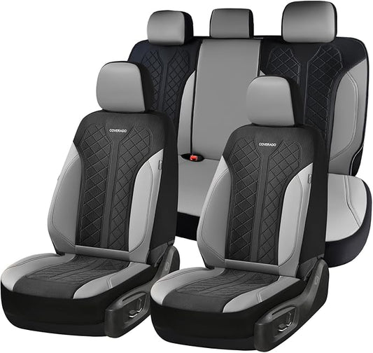 Coverado Automotive Seat Covers Full Set, Luxury Car Seat Covers, Leather Seat Covers, Mesh Design, Black Driver Seat Protectors, Universal Fit for SUVs, Trucks, Sedans