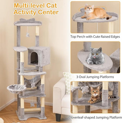 PETSITE 69 Inch Tall Cat Tree, Multi-Level Grey Cat Tower with Sisal Scratching Posts, Cat Condo, Basket Bed, Hammock, Basket Bed, and Hanging Toys, Modern Cat Tree Tower for Indoor Cats