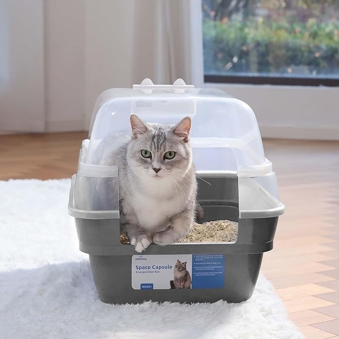 Large Cat Litter Box with Transparent Lid, Foldable Hooded Litter Box with Front Door Flap for Privacy, Easy Clean Non-Sticky Litter Box with Intelligent Deodorizing, (21.6" L x 17.8" W x 17.3" H)