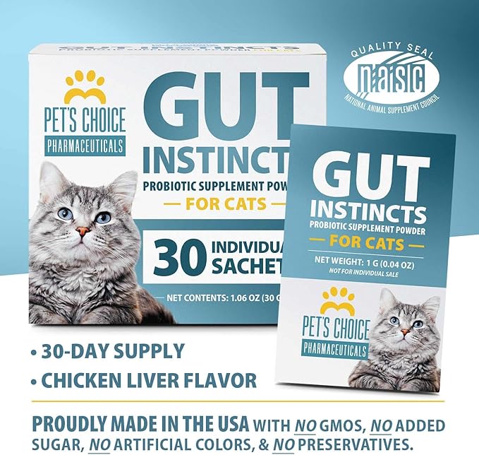 Pet’s Choice Gut Instincts Probiotic Powder Packets for Cats, 30 Count – Daily Digestive & Immune Support with Lactobacillus, Enterococcus, Inulin & Taurine – Chicken Liver Flavor