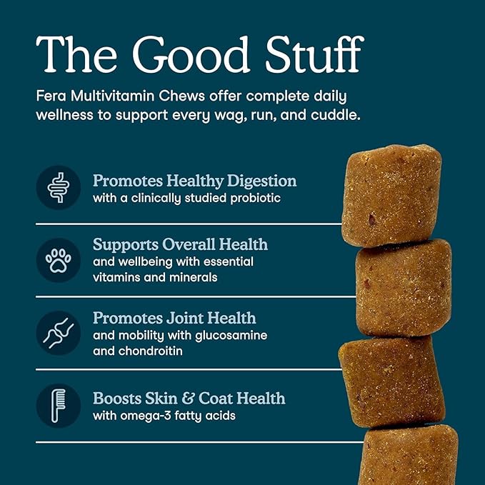 Fera Pets Dog Multivitamin Chews with Glucosamine and Probiotics - Essential Dog Vitamins & Minerals - Promotes Healthy Digestion & Joints - Boosts Skin & Coat Health with Omega-3s - 30 Soft Chews