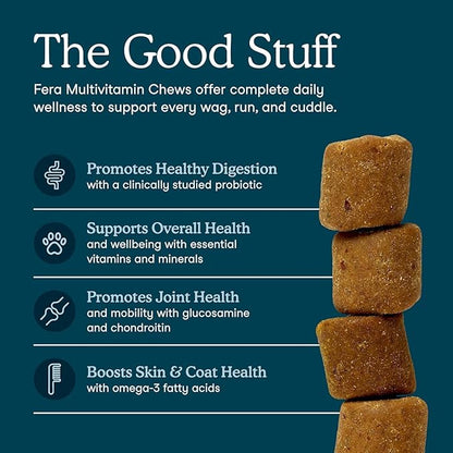 Fera Pets Dog Multivitamin Chews with Glucosamine and Probiotics - Essential Dog Vitamins & Minerals - Promotes Healthy Digestion & Joints - Boosts Skin & Coat Health with Omega-3s - 30 Soft Chews