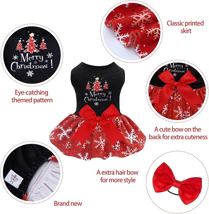 CuteBone Christmas Dog Dresses Velvet Holiday Small Dogs Clothes Onesie Pet Apparel Girl Puppy Skirt with Bow Hair Rope CVA54S-D