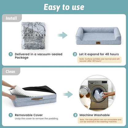 Cooling Dog Bed, Orthopedic Foam Dog Bed with Sides, Removable Washable Cover & Waterproof Lining and Nonskid Bottom, Comfortable Pet Beds for Large Dogs, Blue (42" L x 30" W x 7" Th)
