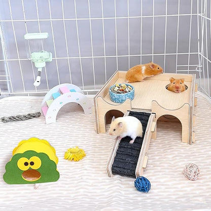 Wooden Hamster Hideout,Multi-Chamber Hamster House with Stair,Small Animal Explore Hide Hut Habitats Decor Accessories for Rat,Gerbil, Dwarf Hamsters, Mice