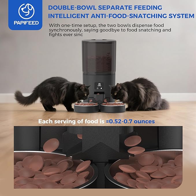 PAPIFEED Automatic Cat Feeder 2 Cats, 2.4G WiFi Cat Food Dispenser with App Control, 7L Slow Feed Timed Cat Feeders for Dry Food, 10 Meals/Day, 12 Portions/Meal, Dual Power Supply