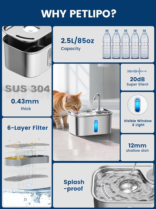Cat Water Fountain Stainless Steel for Cats Indoor 2.5L 85oz by BPA-Free SUS304, Effective 6-Layer Filter Cat Fountain for Drinking 20dB Ultra Quiet Metal Pet Water Fountain (Fountain+4 Filters)