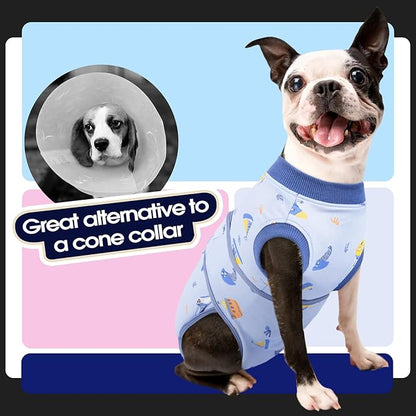 FUAMEY Recovery Suit for Dogs After Surgery,Soft Breathable Dog Bodysuit E-Collar & Cone Alternative Surgical Suit,Male Female Dog Neuter Spay Suits Anti Licking Wounds Onesie Blue Boat XS