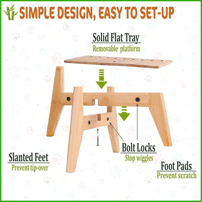 Dog Water and Food Dispenser Stand for Medium Dogs - Adjustable, Bamboo | Use to Elevate, Raise, Hold Gravity or Automatic Food Feeders and Water Bowl Dispensers - Medium