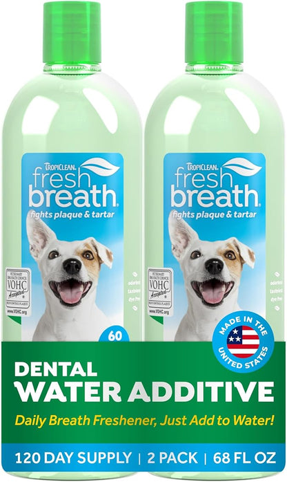 TropiClean Fresh Breath Water Additive for Dogs 2-Pack, 33.8oz Each — Dog Breath Freshener & Teeth Cleaning Solution, Better Value for Daily Use