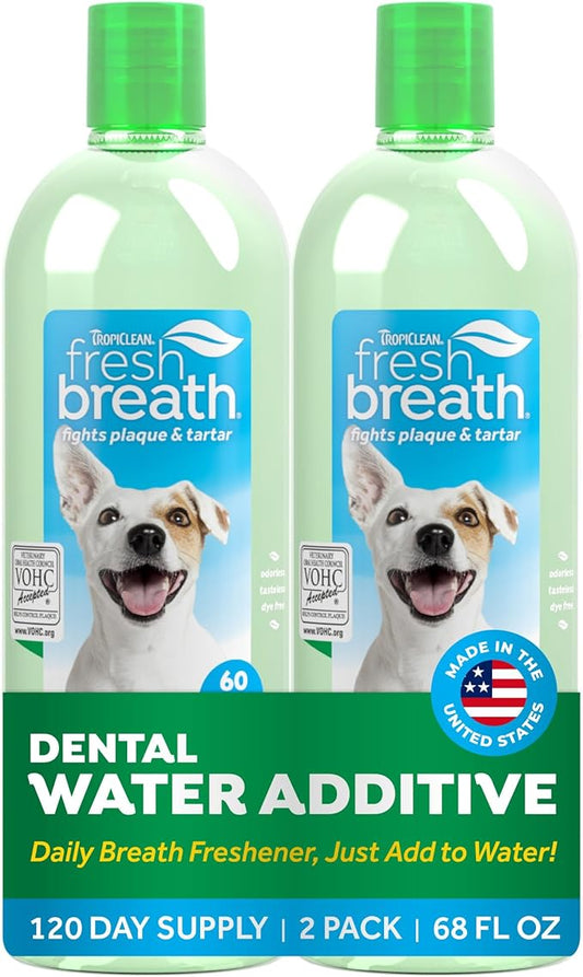 TropiClean Fresh Breath Water Additive for Dogs 2-Pack, 33.8oz Each — Dog Breath Freshener & Teeth Cleaning Solution, Better Value for Daily Use