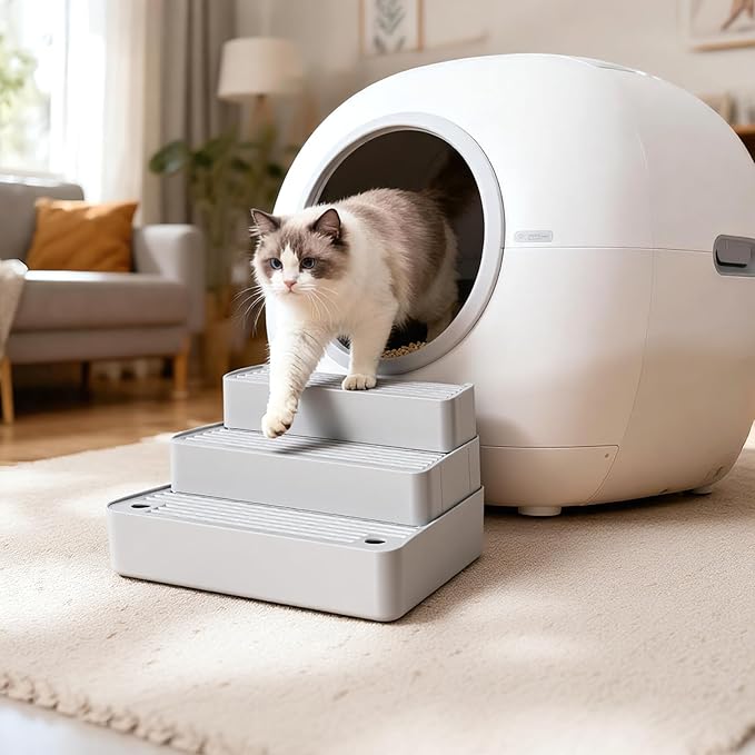 Adjustable Cat Litter Box Steps, 3-Step Non-Slip Ramp for Kittens Senior Cats Small Cats, Detachable Litter Catcher Tray, Fit Automatic Litter Boxes, Easy Clean, 13.5"x9"x7" (Light Grey)