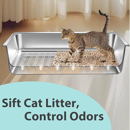 Stainless Steel Sifting Litter Box for Pine Pellets,Sifting Cat Litter Box for Wood Pellets,Extra Large Sifter Litter Pan System with Litte Liners and Scoop-20 ''Lx 13.8''W x 6''H
