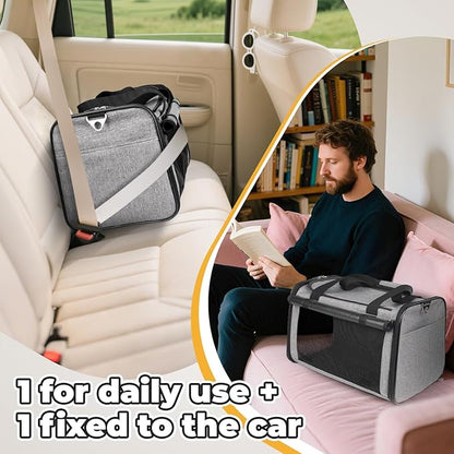 YUDODO 2 Packs 25 lbs Lightproof Soft Sided Cat Carrier for Large Cat & Small Dog Airline Approved Travel Bag Pet Puppy Carriers with Side Pockets & Reflective Mesh, Foldable Portable for Car 2 Grey