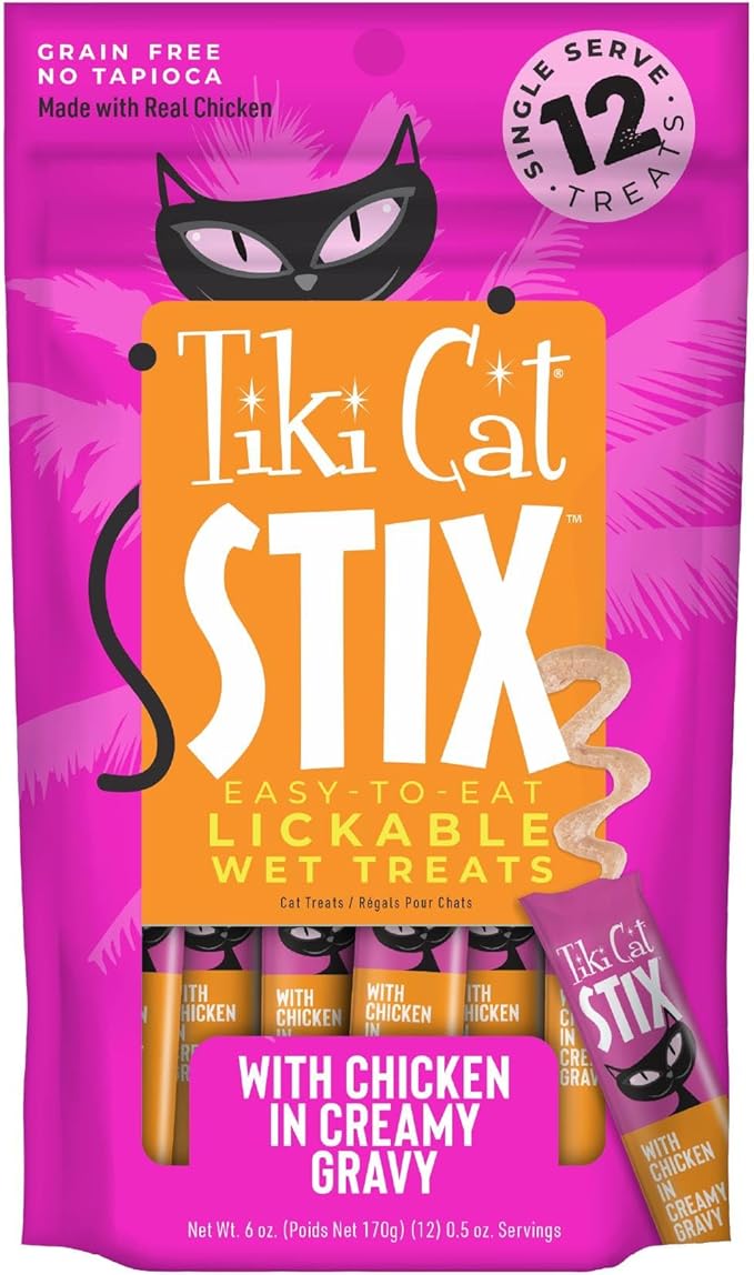 Tiki Cat Stix Mousse Treats, Single Serve Indulgent Lickable Treat or Dry Food Topper, with Chicken in Creamy Gravy, 0.5 oz. Servings (12 Count)