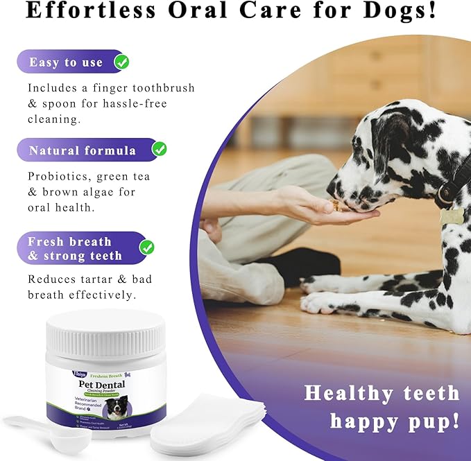 Dog Teeth Cleaning Powder, Pet Dental Powder -Dental Care, Dogs Breath Freshener with Probiotics for Tartar & Reduces Plaque & Bad Breath Teeth Cleaning for Small, Medium, Large Dogs 80g