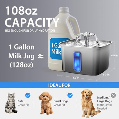 Veken Innovation Award Winner Stainless Steel Cat Water Fountain, 108oz | Automatic Pet Fountain Dog Water Dispenser with Replacement Filters & Silicone Mat for Cats, Dogs (Velvet Black)