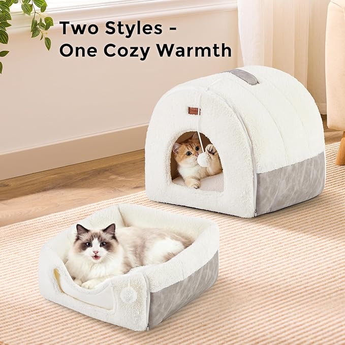 ZOMISIA Cat Bed Cave for Indoor Cats - 2 in 1 Cat Hideaway Hut Fully Machine-Washable, Covered Kitten House Bed with Cushioned Pillow, Cute Small Pet Tent with Non-Slip Bottom, 15 Inches