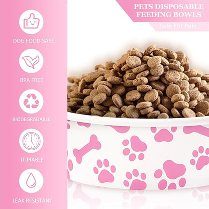 Whaline 50Pcs Pet Disposable Feeding Bowls Pink White Paper Dog Bowls Small Dog Dish 16oz 2 Cup Pet Food Bowl Serving Food Tray for Puppy Cat Travel Wet Dry Food Water