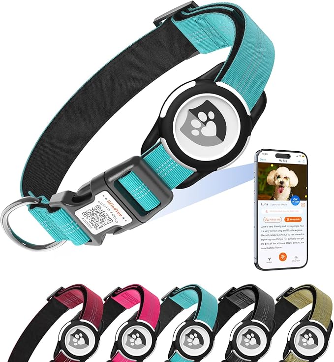 Reflective Dog Collar with AirTag Holder for Puppy Soft Nylon Blue Sized XS
