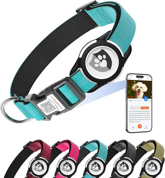 Reflective Dog Collar with AirTag Holder for Puppy Soft Nylon Blue Sized XS