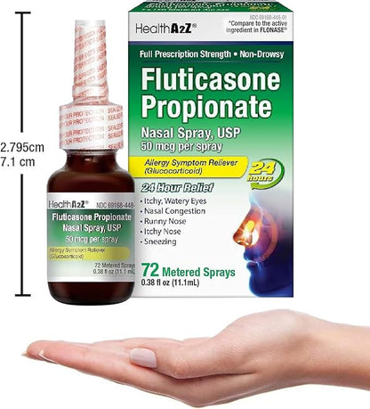 HealthA2Z® Fluticasone Propionate Nasal Spray | 50 mcg per Spray | 24 Hour Allergy Relief | 72 Sprays | 0.38 fl oz. (11.1mL) | Nasal Decongestant | Non-Drowsy | Allergy Relief Spray