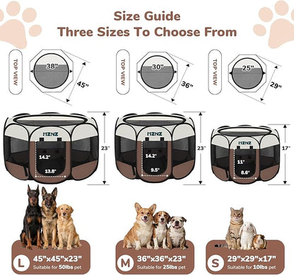 Dog Playpen, Portable Puppy Pet Crate Indoors for Small/Medium Dogs Cats Rabbits, Foldable Dog Cage Enclosure for Outdoor, Pop Up Dogs Tent Kennel with Carrying Case, Brown