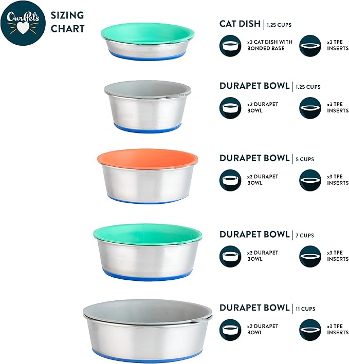 Our Pets DuraPet Stainless Steel Dog Bowl with 3 Pieces TPE Inserts for Puppies or Small Sized Dogs, Holds 1.25 Cups
