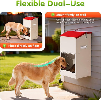 25 Lbs Automatic Dog Feeder for Large Dogs, Dog Food Dispenser | Galvanized Gravity Pet Feeder with Lockable Clear Gravity Door, Ideal for Dogs & Cats, Indoor and Outdoor Use, Wall Mountable