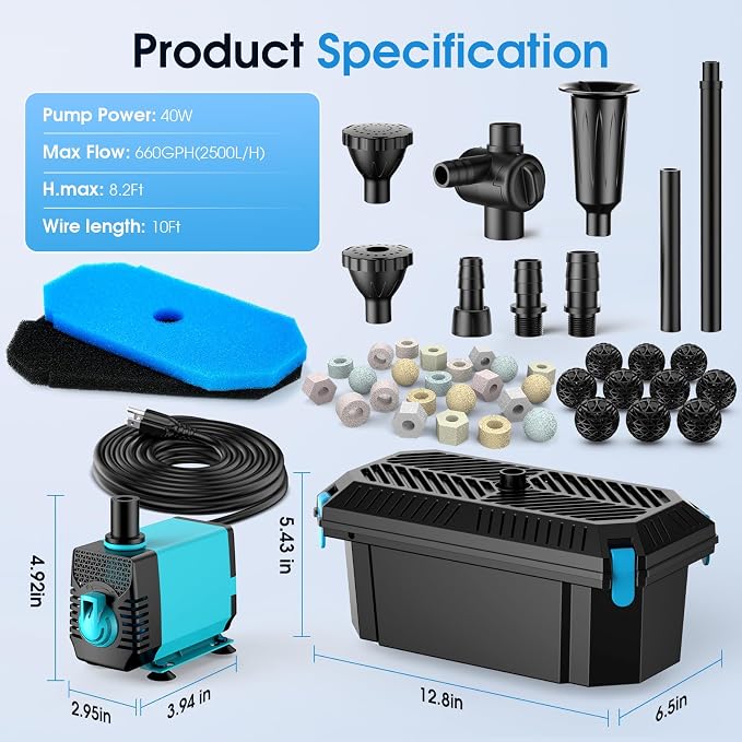 Pond Filter with Pump Fountain Kits, 660GPH Pond Filter with 40W Pond Pump & Fountain Kit, Koi Pond Filters for Outdoor Ponds Clean, Clear, and Add Water Features(Corded Electric)
