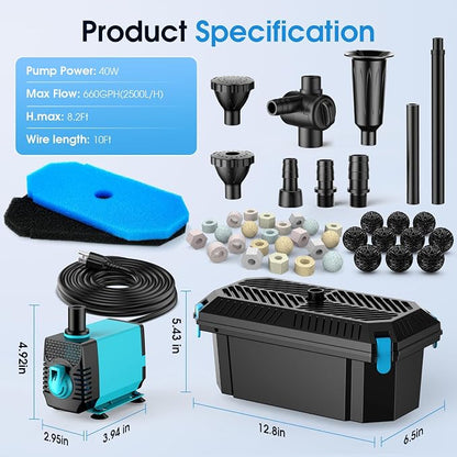 Pond Filter with Pump Fountain Kits, 660GPH Pond Filter with 40W Pond Pump & Fountain Kit, Koi Pond Filters for Outdoor Ponds Clean, Clear, and Add Water Features(Corded Electric)