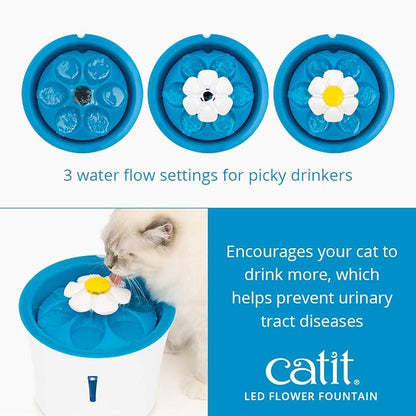 Catit LED Flower Fountain with Triple Action Filter, 3 L, Blue | Cat Drinking Water Fountain