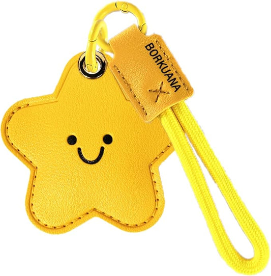 Leather Keychain Holder Case Compatible with AirTag,Cute Protective Cover with Keyring and Lanyard,Anti-Scratch Finder GPS Tracker Case for Wallet Keys,Bag,Pets,Backpack(Star A)