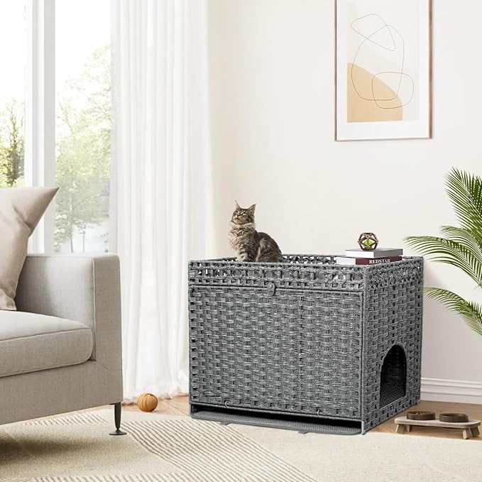 Cat Litter Box Enclosure Furniture Hidden, Pet House Litter Box Furniture for Large Cats, Handwoven Rattan with Door Cat Washroom Box, Indoor Cat House Storage with Soft Litter Mat, Grey