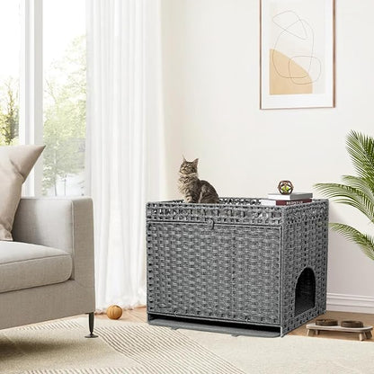 Cat Litter Box Enclosure Furniture Hidden, Pet House Litter Box Furniture for Large Cats, Handwoven Rattan with Door Cat Washroom Box, Indoor Cat House Storage with Soft Litter Mat, Grey