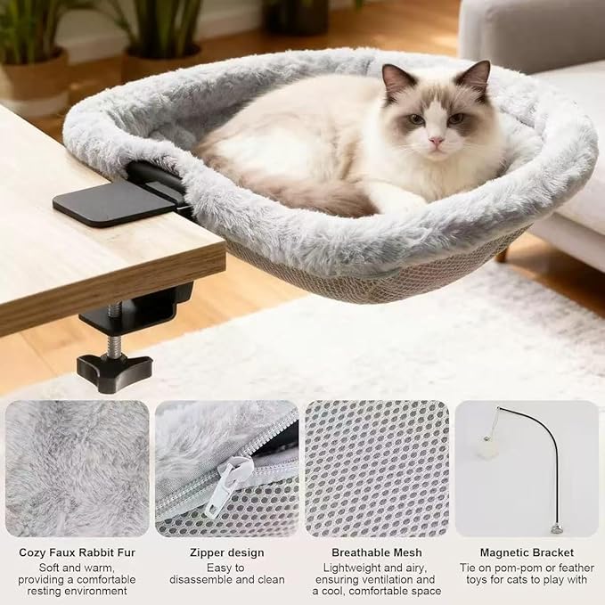 Cat Desk Bed-Extra-Large Clamp & Sunken Hammock Design,Soft Faux Rabbit Fur Material,One-Click Folding,Suitable for Various Desktops, Holds Up to 40lbs(Gray