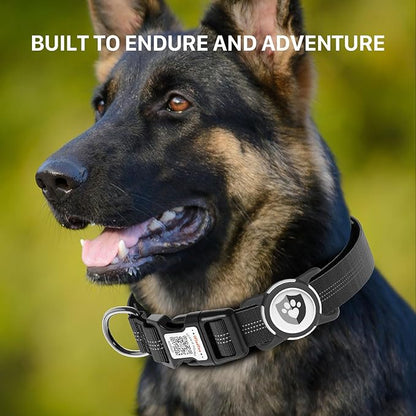 Reflective Dog Collar with AirTag Holder for Large Dogs Soft Nylon Black Sized L
