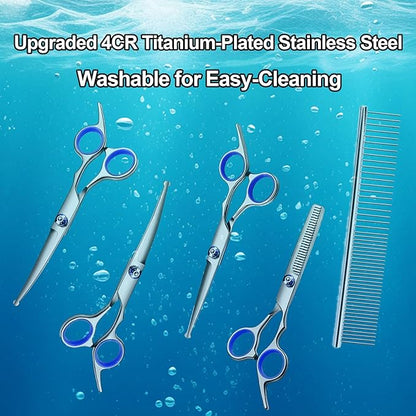 Dog Grooming Scissor, 7-in-1 Pet Grooming Scissor for Dogs, Professional Dog Grooming Kit with Safety Round Tips, Titanium Coated Cat Scissors Kit for Home Grooming (Blue)