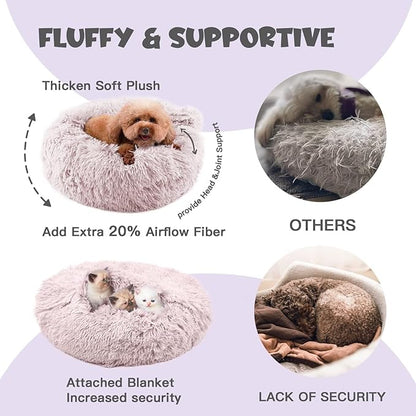 Himax Dog Beds for Medium Dogs, Donut Dogs Beds with Blanket Attached, Calming Dog Bed Washable (20"/26"/35") Beige