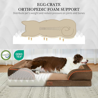 Comfort Expression Orthopedic Dog Bed for Extra Large Dogs 42x30 Inch, Waterproof Supportive Egg Crate Foam XL Pet Bed with Removable Bolsters, Dog Couch with Washable Cover & Non-Slip Bottom, Brown