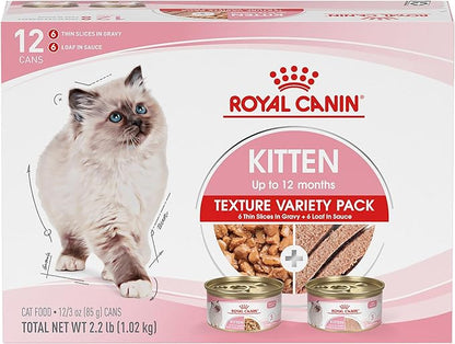 Royal Canin Feline Health Nutrition Kitten Thin Slices in Gravy and Loaf in Sauce Variety Pack Cat Food, 3 oz (Pack of 12)