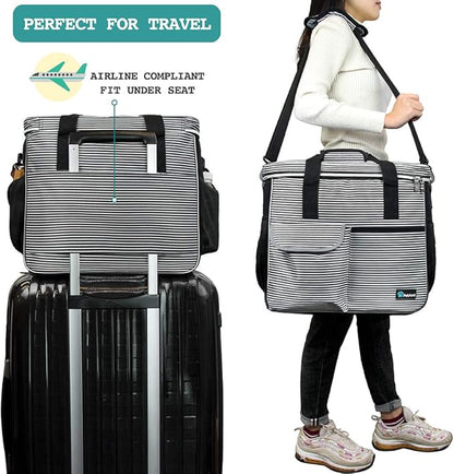 PetAmi Dog Travel Bag - Organizer with Food Container, Bowls & Accessories for Weekend Camping, Cat Diaper Bag (Stripe Black, Large)