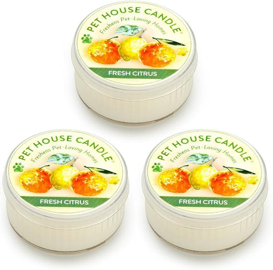 Pet House Mini Candles for Pet Odor Made with Natural Soy Wax, Plant Based, Dog and Cat Friendly Scented Candles, Fresh Citrus Pack of 3