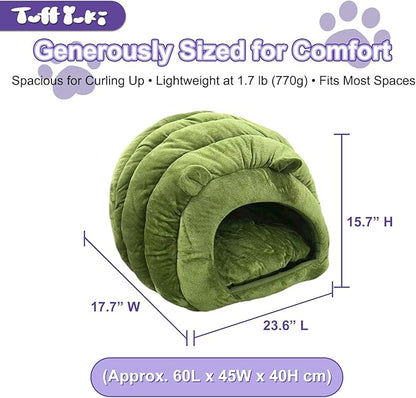 Luxe Green Jumbo Caterpillar Cat Cave - Super Cozy & Warm for Cats Up to 15 lbs, Convertible from Plush Cave to Comfy Mat!