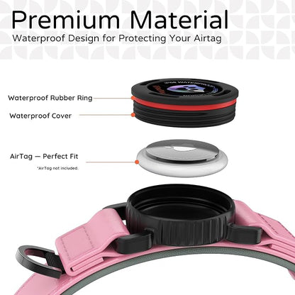 Airtag Dog Collar, Dog Collar with airtag Holder, IP68 Waterproof Leather Dog Collar with Metal Buckle & Lockable Airtag Holder, Heavy Duty Adjustable for Small Medium Large Dogs (Pink L)