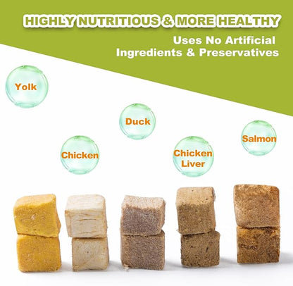 5-in-1 Freeze-Dried Cat & Dog Treats - Natural Chicken, Salmon, Egg Yolk, Duck & Liver, Grain-Free High Protein Snacks (5oz)