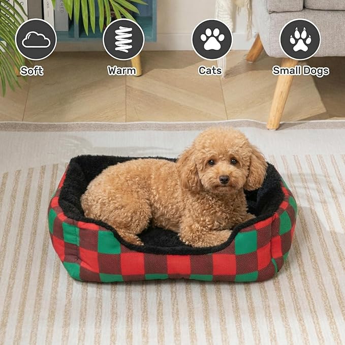 Hollypet Printed Flannel Rectangle Plush Dog Cat Bed Self-Warming Pet Bed, Christmas Red and Green Check
