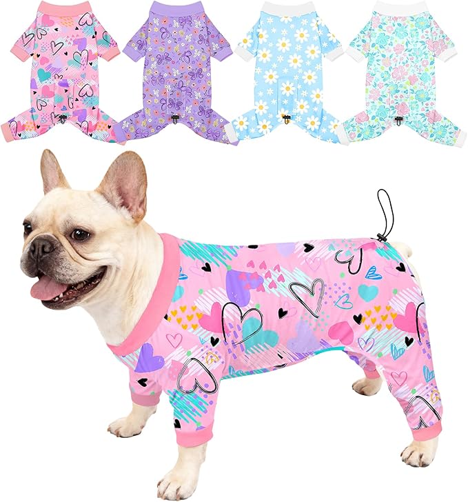 Bienbee Dog Pajamas, 4 Pack Dog Recovery Suit Shedding Suit Cute Soft Puppy Clothes Dogs Pjs Onesies Jammies Adjustable Breathable & Stretchy Clothes for Small Medium Large Dogs Girl Boy Puppy-L