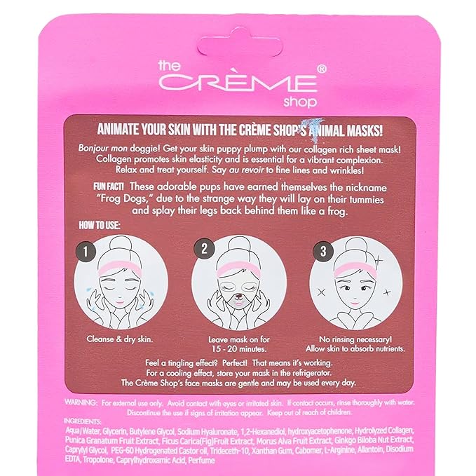 The Crème Shop Animal Face Mask 3 Pack - Bundle with 3 Dog Face Masks Made in Korea with Rejuvenating Collagen for Vibrant Complexion | The Creme Shop Skin Care