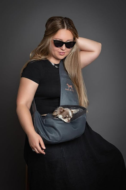Noah & Paw Dog Sling Carrier for Small Dogs 3-10lb, Dog Sling for Small Dogs and Cats, Dog Carrier with Adjustable Padded Strap, Vegan Leather Lined with Fur, 3X Safety Features, Machine Washable